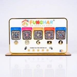 Premium Smart NFC 5QR Table Top Standee | Social Media Theme Edition | White | 8 x 13 inch